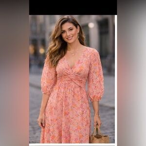 DKNY coral pink floral midi dress. Size 2 Brand New With Tag V Neck Line